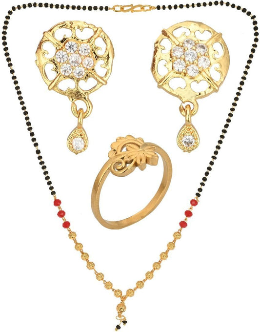 AanyaCentric Gold-Polished Jewelry Combo: Elegant Short Mangalsutra, Finger Ring, and American Diamond Earrings Set