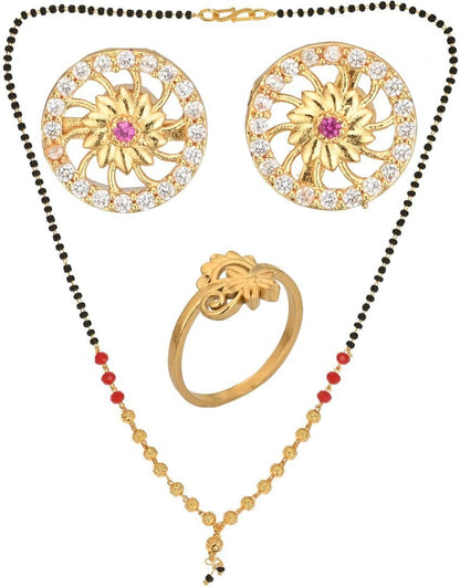 AanyaCentric Gold-Polished Jewelry Combo: Elegant Short Mangalsutra, Finger Ring, and American Diamond Earrings Set