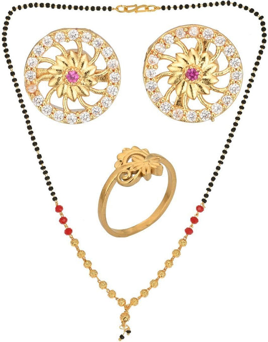 AanyaCentric Gold-Polished Jewelry Combo: Elegant Short Mangalsutra, Finger Ring, and American Diamond Earrings Set