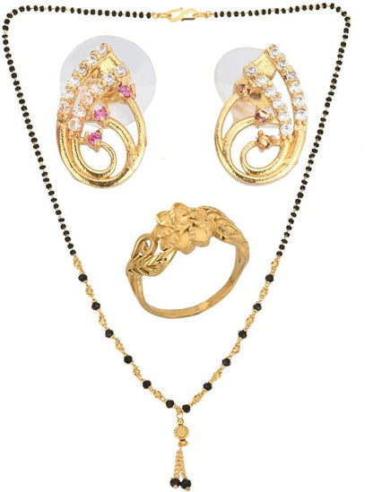 AanyaCentric Gold-Polished Jewelry Combo: Elegant Short Mangalsutra, Finger Ring, and American Diamond Earrings Set