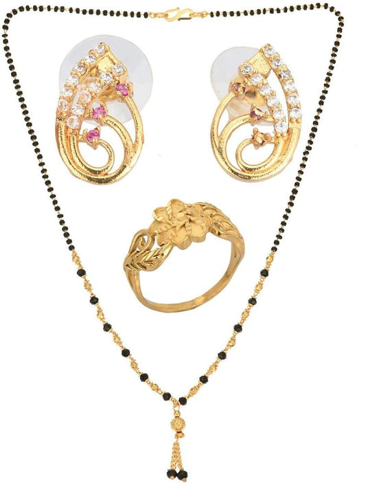 AanyaCentric Gold-Polished Jewelry Combo: Elegant Short Mangalsutra, Finger Ring, and American Diamond Earrings Set