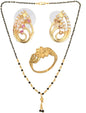 AanyaCentric Gold-Polished Jewelry Combo: Elegant Short Mangalsutra, Finger Ring, and American Diamond Earrings Set