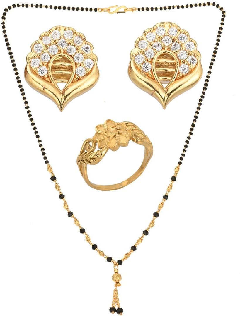 AanyaCentric Gold-Polished Jewelry Combo: Elegant Short Mangalsutra, Finger Ring, and American Diamond Earrings Set