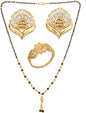 AanyaCentric Gold-Polished Jewelry Combo: Elegant Short Mangalsutra, Finger Ring, and American Diamond Earrings Set