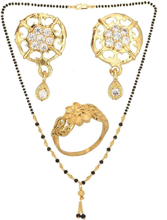 AanyaCentric Gold-Polished Jewelry Combo: Elegant Short Mangalsutra, Finger Ring, and American Diamond Earrings Set