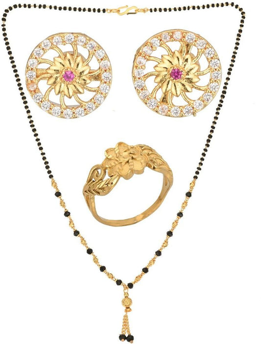 AanyaCentric Gold-Polished Jewelry Combo: Elegant Short Mangalsutra, Finger Ring, and American Diamond Earrings Set