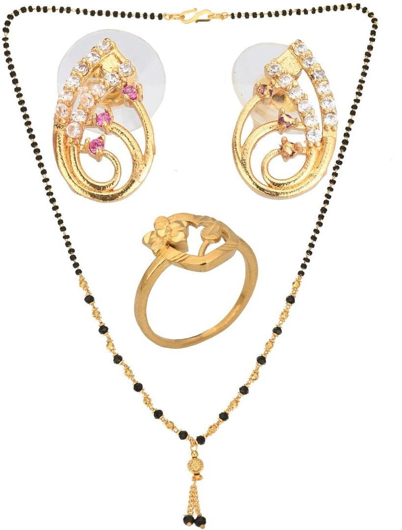 AanyaCentric Gold-Polished Jewelry Combo: Elegant Short Mangalsutra, Finger Ring, and American Diamond Earrings Set