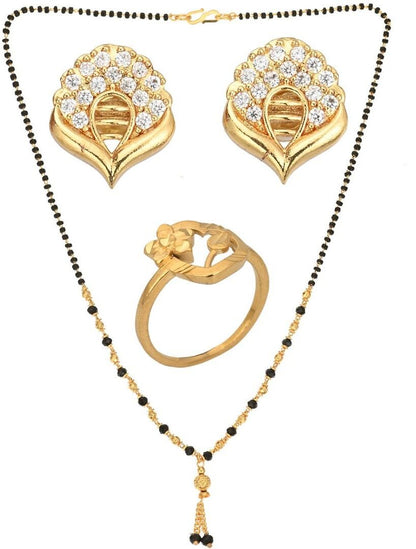 AanyaCentric Gold-Polished Jewelry Combo: Elegant Short Mangalsutra, Finger Ring, and American Diamond Earrings Set