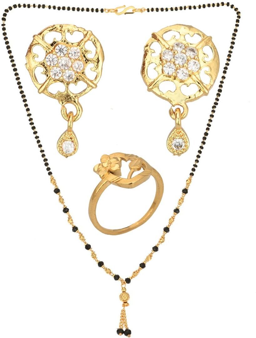 AanyaCentric Gold-Polished Jewelry Combo: Elegant Short Mangalsutra, Finger Ring, and American Diamond Earrings Set
