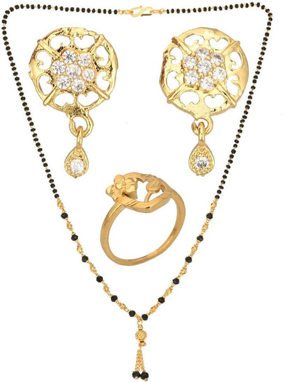 AanyaCentric Gold-Polished Jewelry Combo: Elegant Short Mangalsutra, Finger Ring, and American Diamond Earrings Set