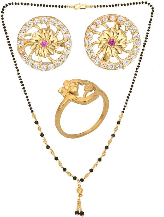 AanyaCentric Gold-Polished Jewelry Combo: Elegant Short Mangalsutra, Finger Ring, and American Diamond Earrings Set