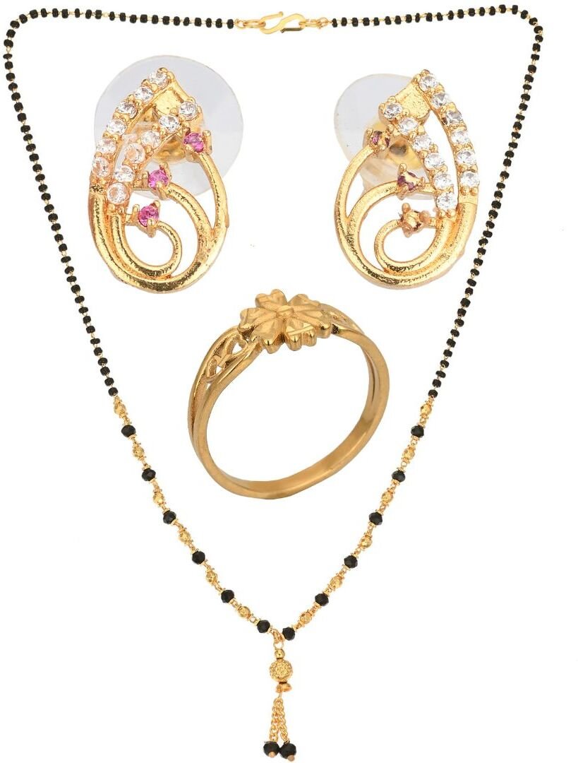 AanyaCentric Gold-Polished Jewelry Combo: Elegant Short Mangalsutra, Finger Ring, and American Diamond Earrings Set