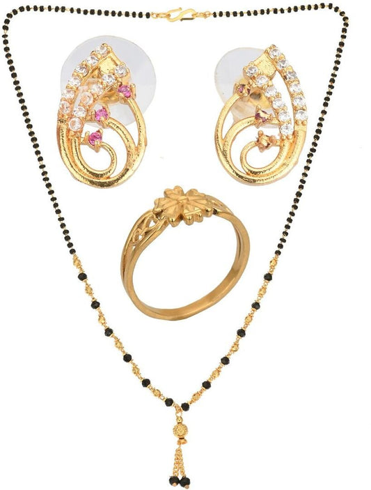 AanyaCentric Gold-Polished Jewelry Combo: Elegant Short Mangalsutra, Finger Ring, and American Diamond Earrings Set