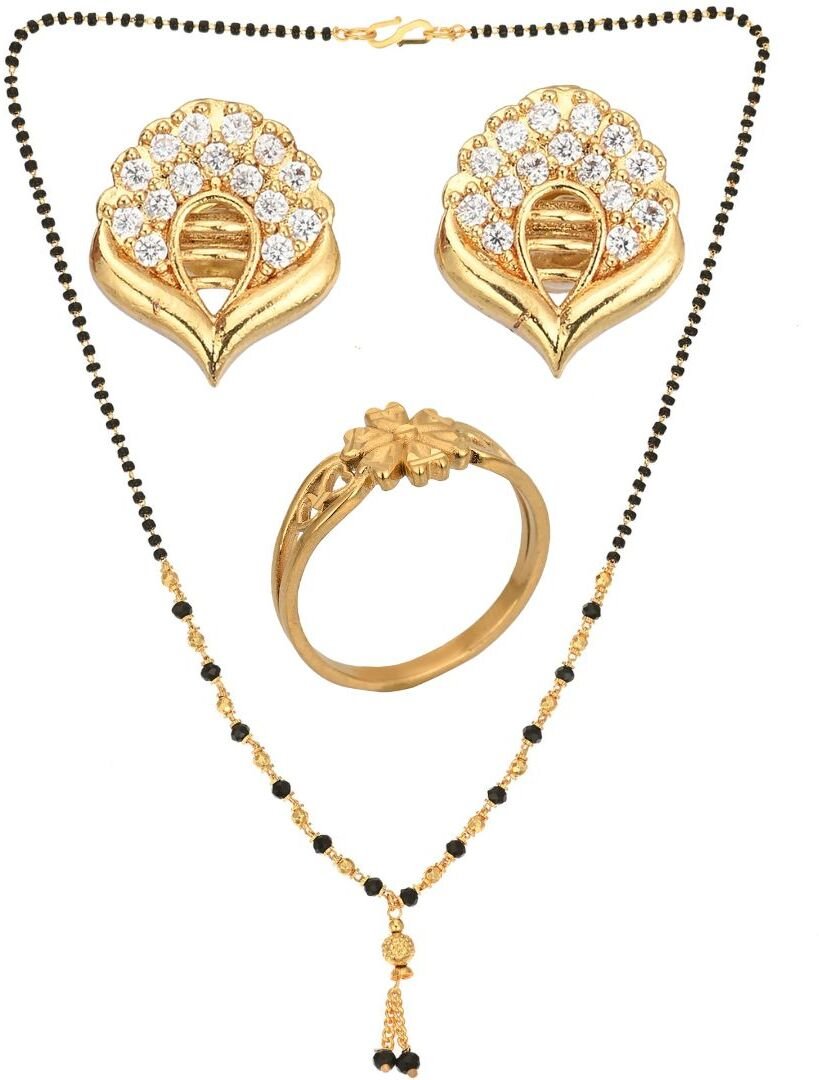 AanyaCentric Gold-Polished Jewelry Combo: Elegant Short Mangalsutra, Finger Ring, and American Diamond Earrings Set