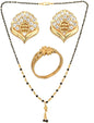 AanyaCentric Gold-Polished Jewelry Combo: Elegant Short Mangalsutra, Finger Ring, and American Diamond Earrings Set