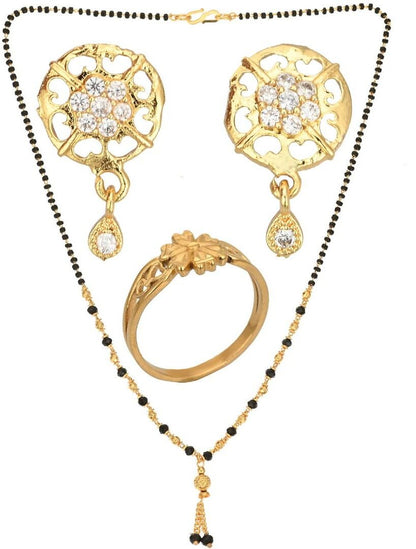 AanyaCentric Gold-Polished Jewelry Combo: Elegant Short Mangalsutra, Finger Ring, and American Diamond Earrings Set