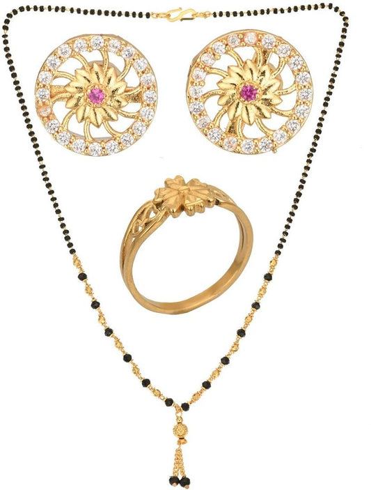 AanyaCentric Gold-Polished Jewelry Combo: Elegant Short Mangalsutra, Finger Ring, and American Diamond Earrings Set