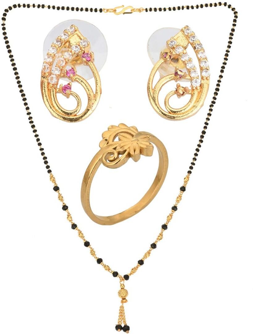 AanyaCentric Gold-Polished Jewelry Combo: Elegant Short Mangalsutra, Finger Ring, and American Diamond Earrings Set