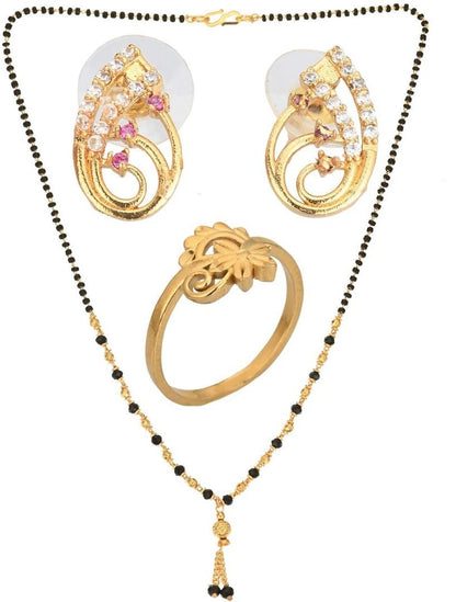 AanyaCentric Gold-Polished Jewelry Combo: Elegant Short Mangalsutra, Finger Ring, and American Diamond Earrings Set