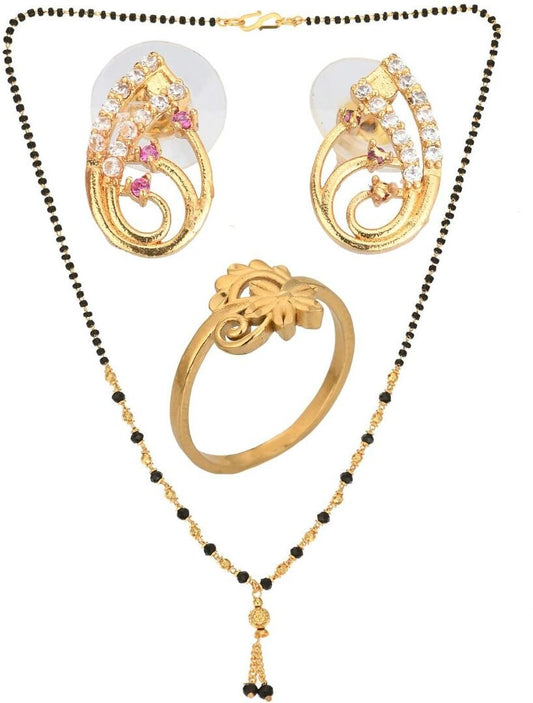 AanyaCentric Gold-Polished Jewelry Combo: Elegant Short Mangalsutra, Finger Ring, and American Diamond Earrings Set