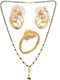 AanyaCentric Gold-Polished Jewelry Combo: Elegant Short Mangalsutra, Finger Ring, and American Diamond Earrings Set