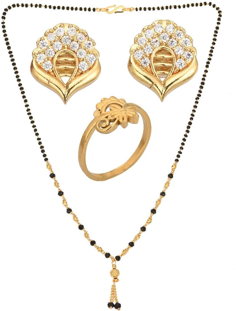 AanyaCentric Gold-Polished Jewelry Combo: Elegant Short Mangalsutra, Finger Ring, and American Diamond Earrings Set