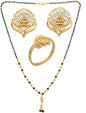 AanyaCentric Gold-Polished Jewelry Combo: Elegant Short Mangalsutra, Finger Ring, and American Diamond Earrings Set