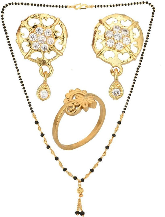 AanyaCentric Gold-Polished Jewelry Combo: Elegant Short Mangalsutra, Finger Ring, and American Diamond Earrings Set