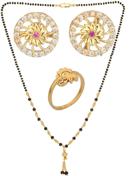 AanyaCentric Gold-Polished Jewelry Combo: Elegant Short Mangalsutra, Finger Ring, and American Diamond Earrings Set