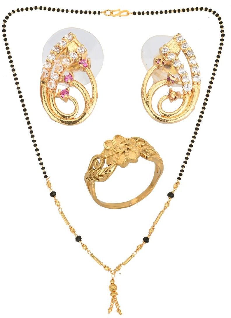 AanyaCentric Gold-Polished Jewelry Combo: Elegant Short Mangalsutra, Finger Ring, and American Diamond Earrings Set