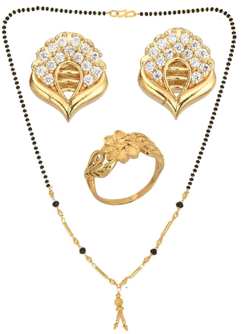 AanyaCentric Gold-Polished Jewelry Combo: Elegant Short Mangalsutra, Finger Ring, and American Diamond Earrings Set