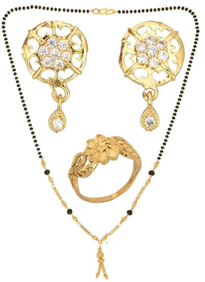 AanyaCentric Gold-Polished Jewelry Combo: Elegant Short Mangalsutra, Finger Ring, and American Diamond Earrings Set