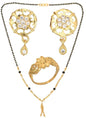 AanyaCentric Gold-Polished Jewelry Combo: Elegant Short Mangalsutra, Finger Ring, and American Diamond Earrings Set