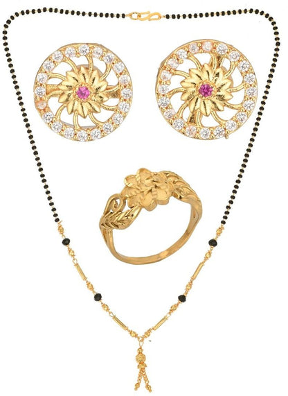 AanyaCentric Gold-Polished Jewelry Combo: Elegant Short Mangalsutra, Finger Ring, and American Diamond Earrings Set