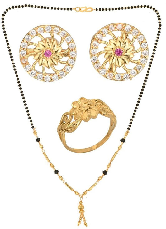 AanyaCentric Gold-Polished Jewelry Combo: Elegant Short Mangalsutra, Finger Ring, and American Diamond Earrings Set
