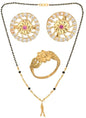 AanyaCentric Gold-Polished Jewelry Combo: Elegant Short Mangalsutra, Finger Ring, and American Diamond Earrings Set