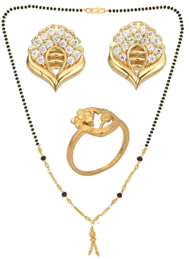AanyaCentric Gold-Polished Jewelry Combo: Elegant Short Mangalsutra, Finger Ring, and American Diamond Earrings Set