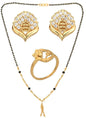 AanyaCentric Gold-Polished Jewelry Combo: Elegant Short Mangalsutra, Finger Ring, and American Diamond Earrings Set