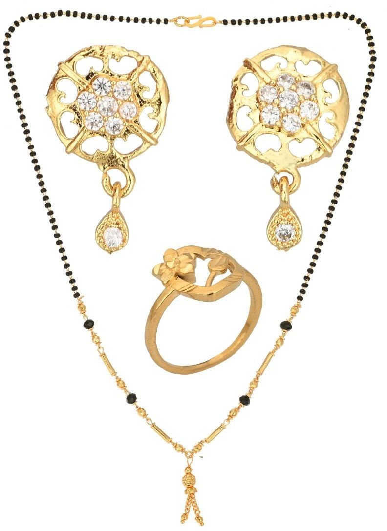 AanyaCentric Gold-Polished Jewelry Combo: Elegant Short Mangalsutra, Finger Ring, and American Diamond Earrings Set