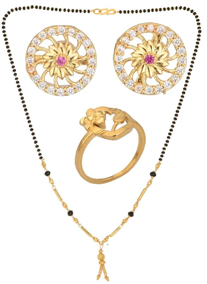 AanyaCentric Gold-Polished Jewelry Combo: Elegant Short Mangalsutra, Finger Ring, and American Diamond Earrings Set