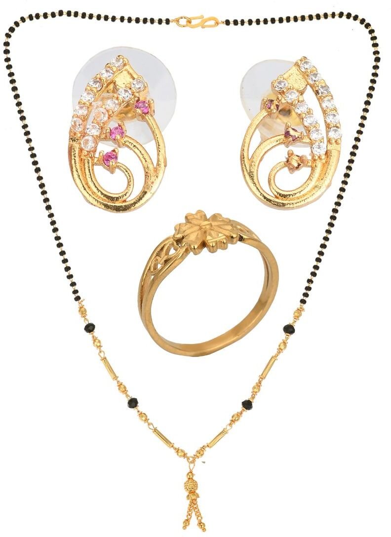 AanyaCentric Gold-Polished Jewelry Combo: Elegant Short Mangalsutra, Finger Ring, and American Diamond Earrings Set