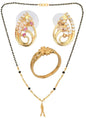 AanyaCentric Gold-Polished Jewelry Combo: Elegant Short Mangalsutra, Finger Ring, and American Diamond Earrings Set