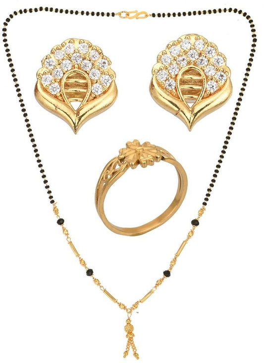 AanyaCentric Gold-Polished Jewelry Combo: Elegant Short Mangalsutra, Finger Ring, and American Diamond Earrings Set