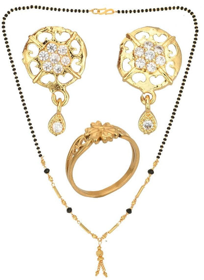 AanyaCentric Gold-Polished Jewelry Combo: Elegant Short Mangalsutra, Finger Ring, and American Diamond Earrings Set