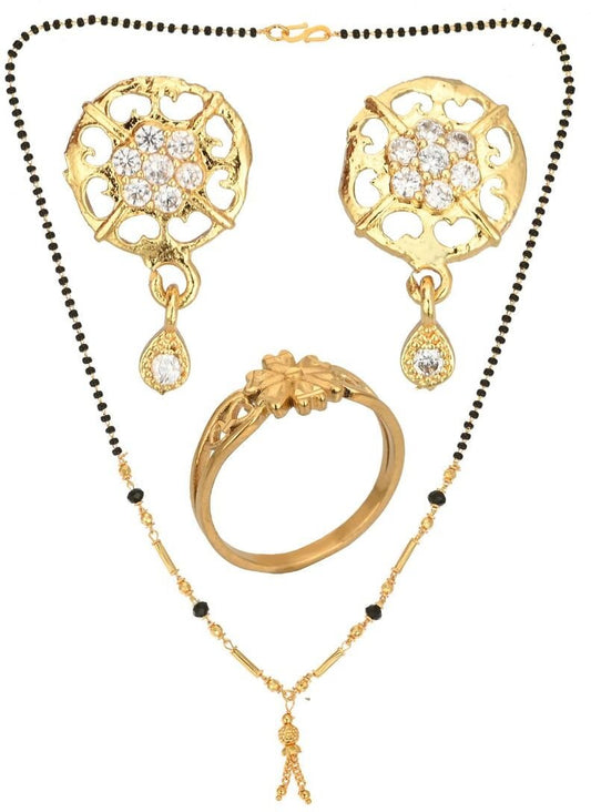 AanyaCentric Gold-Polished Jewelry Combo: Elegant Short Mangalsutra, Finger Ring, and American Diamond Earrings Set