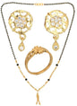 AanyaCentric Gold-Polished Jewelry Combo: Elegant Short Mangalsutra, Finger Ring, and American Diamond Earrings Set