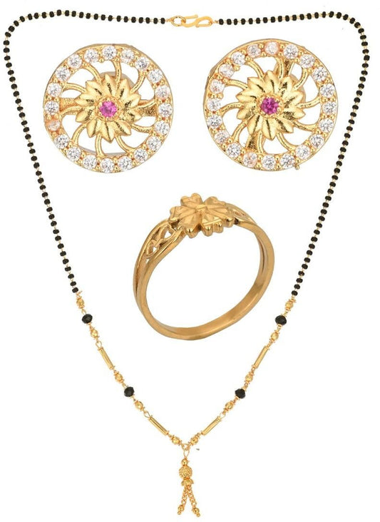 AanyaCentric Gold-Polished Jewelry Combo: Elegant Short Mangalsutra, Finger Ring, and American Diamond Earrings Set