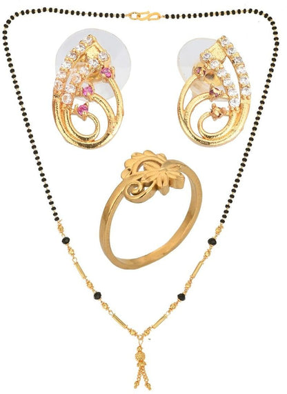AanyaCentric Gold-Polished Jewelry Combo: Elegant Short Mangalsutra, Finger Ring, and American Diamond Earrings Set