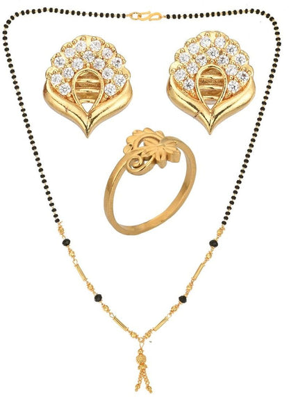 AanyaCentric Gold-Polished Jewelry Combo: Elegant Short Mangalsutra, Finger Ring, and American Diamond Earrings Set