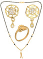 AanyaCentric Gold-Polished Jewelry Combo: Elegant Short Mangalsutra, Finger Ring, and American Diamond Earrings Set